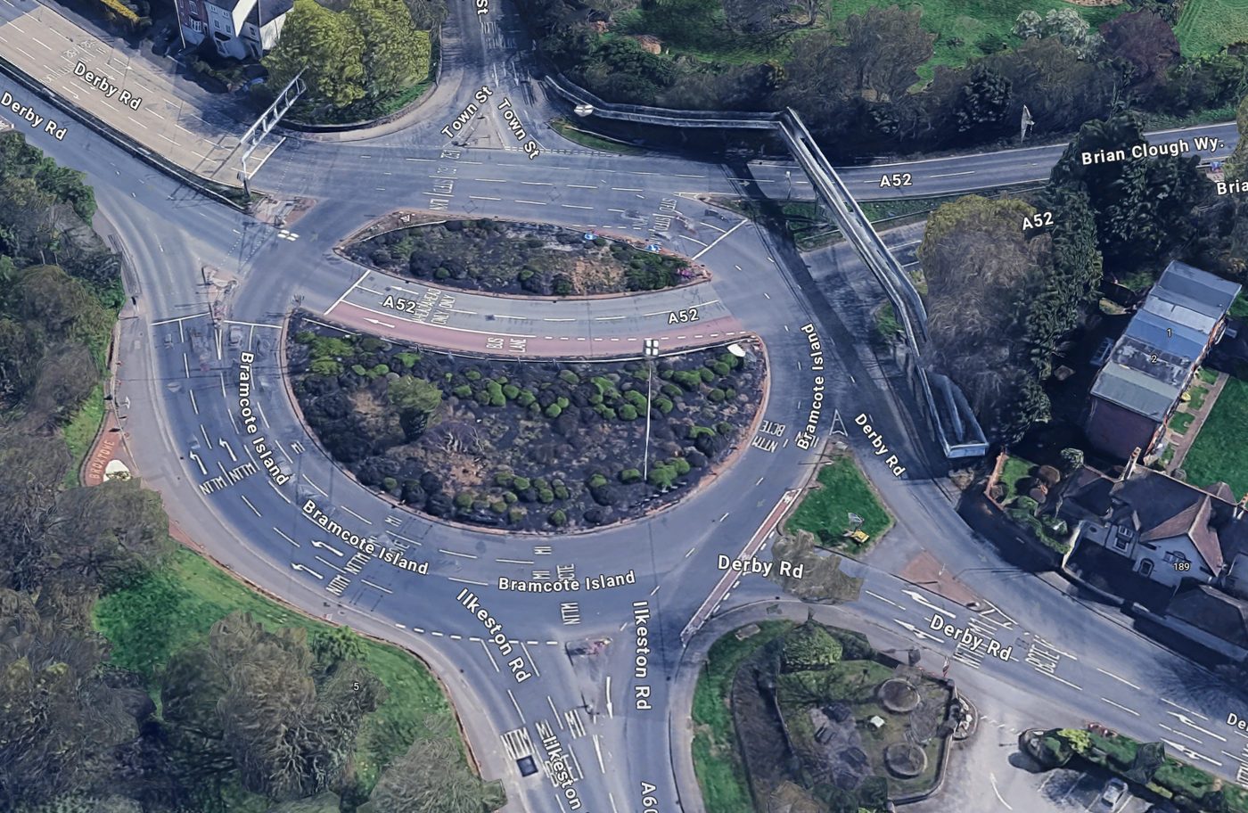 Aerial view of Bramcote Island roundabout showing the A52, Derby Road and Ilkeston Road lane layout