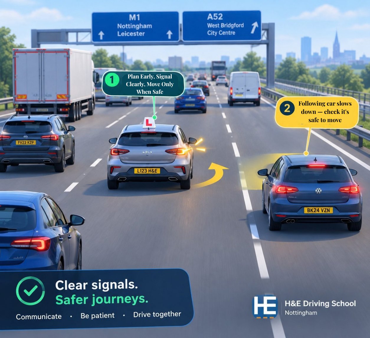 Learner driver signalling before a lane change on the A52 near Nottingham while assessing surrounding traffic
