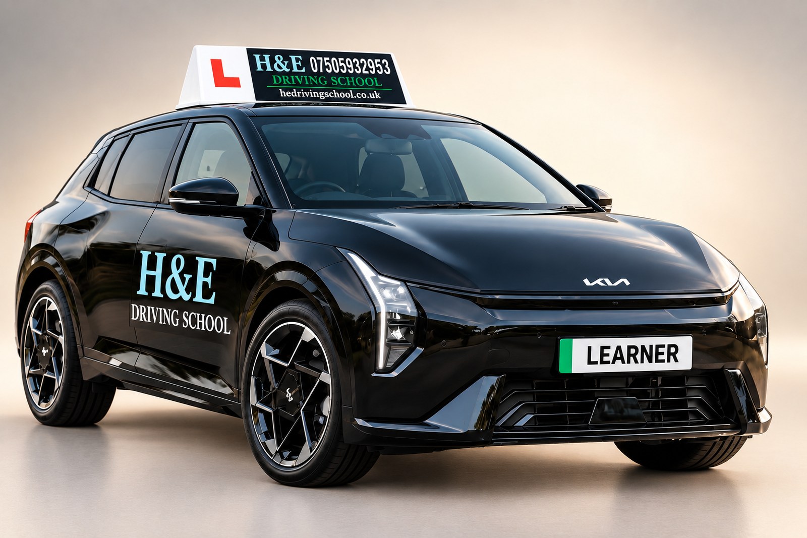H&E Driving School — KIA EV4 GT-Line automatic teaching car, front view, Nottingham