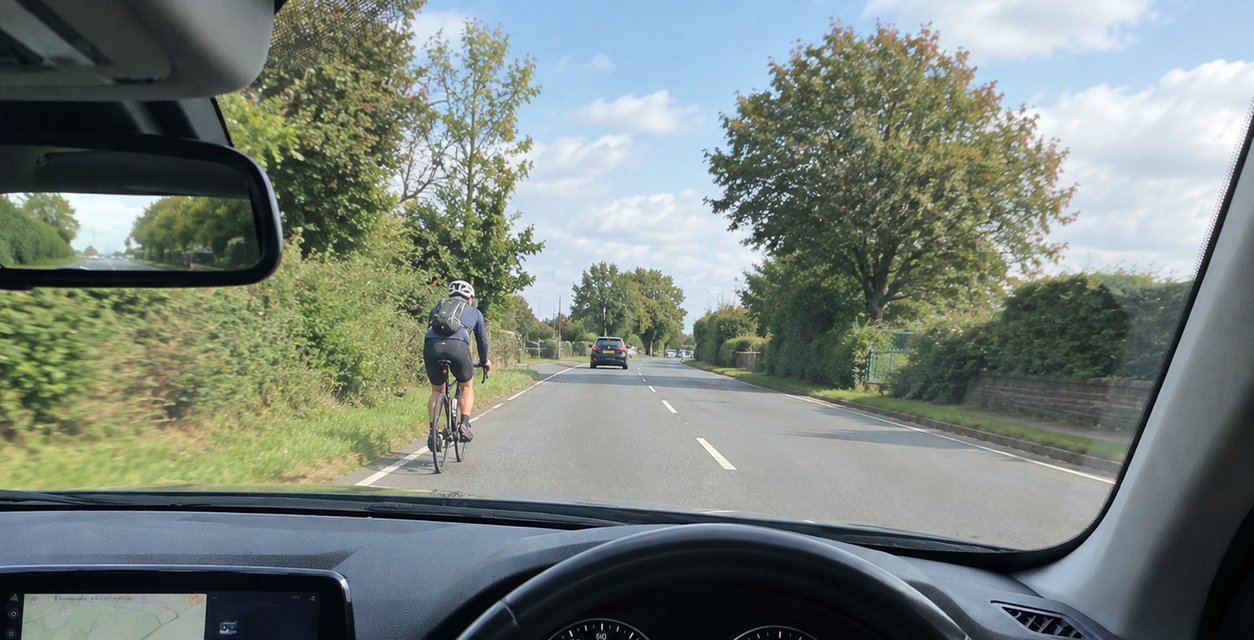 Car leaving safe passing distance while overtaking a cyclist on a Nottingham road