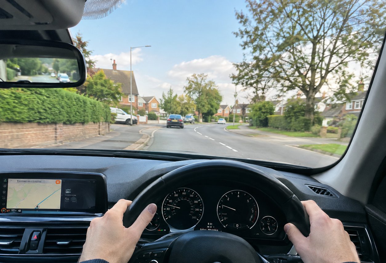 Learner driver looking through a turn while steering an automatic car on a Nottingham road